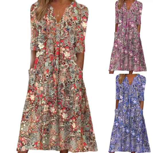 🔥 Letzter Tag! 50% Rabatt Damen Lässiges Blumenkleid mit V-Ausschnitt 🌸 Luftiges lockeres Sommerkleid mit praktischen Taschen