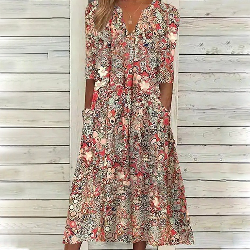 🔥 Letzter Tag! 50% Rabatt Damen Lässiges Blumenkleid mit V-Ausschnitt 🌸 Luftiges lockeres Sommerkleid mit praktischen Taschen