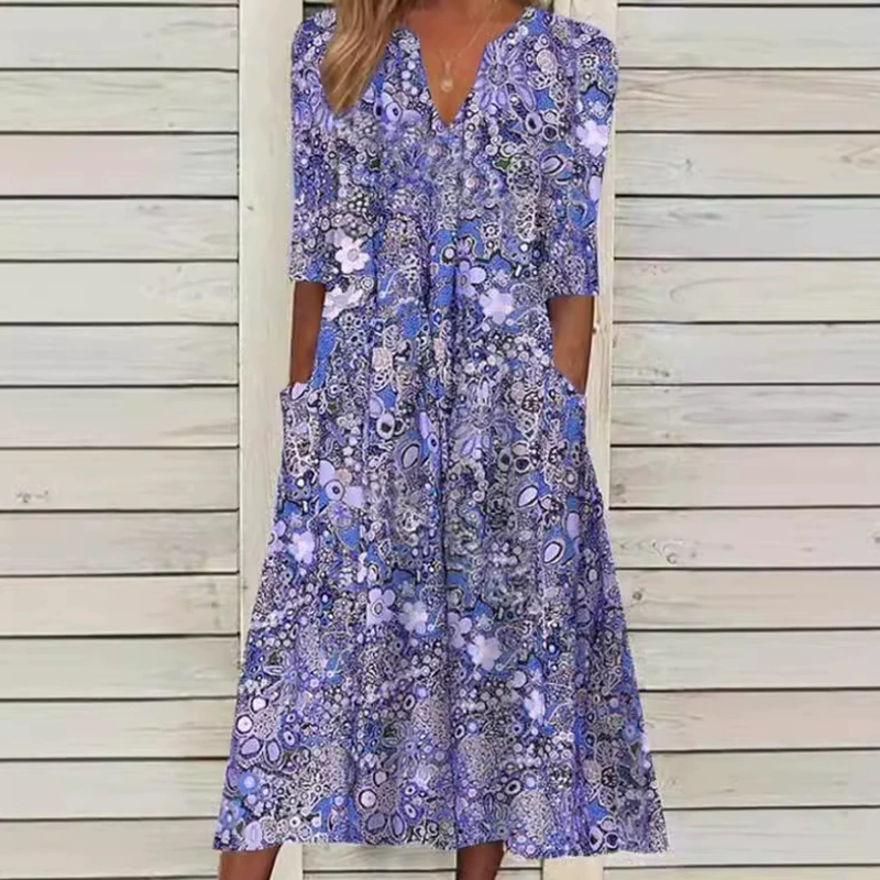 🔥 Letzter Tag! 50% Rabatt Damen Lässiges Blumenkleid mit V-Ausschnitt 🌸 Luftiges lockeres Sommerkleid mit praktischen Taschen