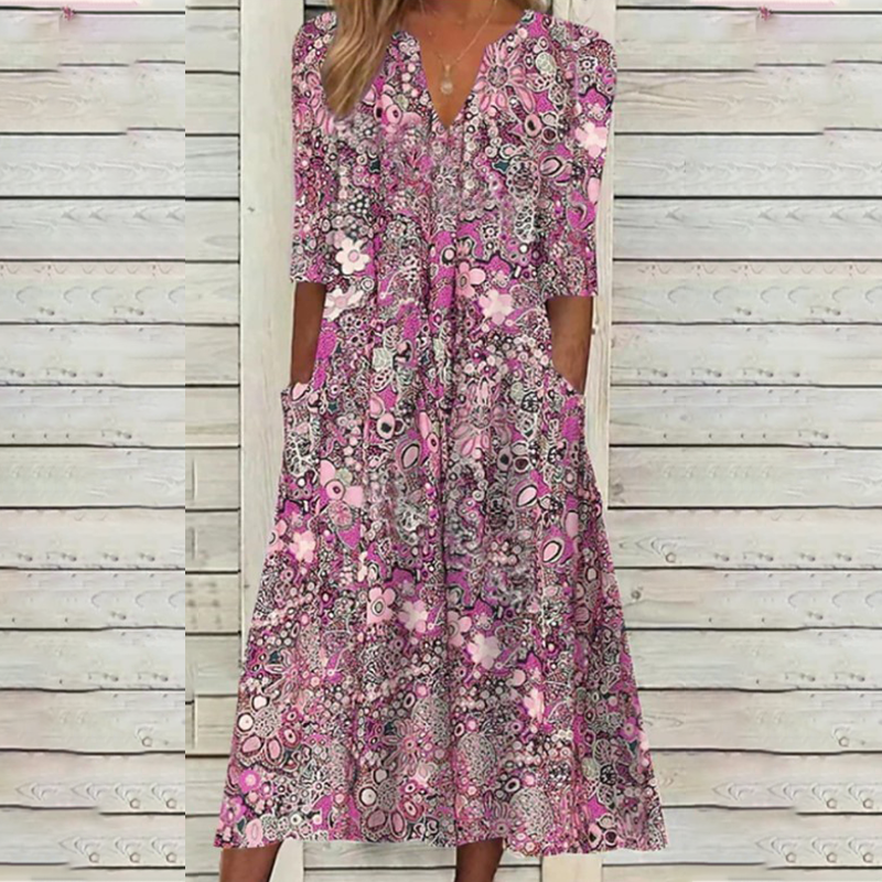 🔥 Letzter Tag! 50% Rabatt Damen Lässiges Blumenkleid mit V-Ausschnitt 🌸 Luftiges lockeres Sommerkleid mit praktischen Taschen