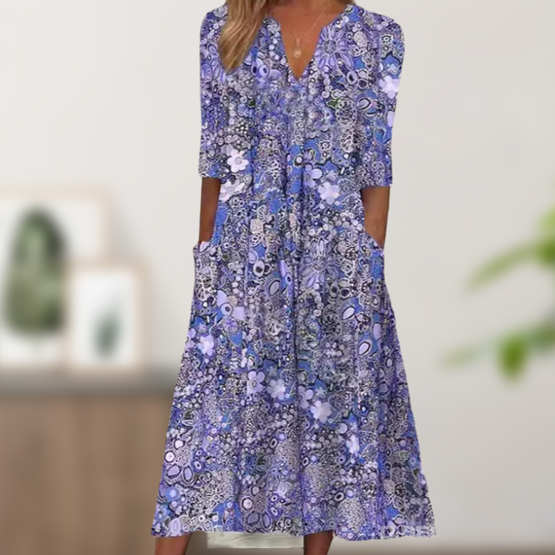 🔥 Letzter Tag! 50% Rabatt Damen Lässiges Blumenkleid mit V-Ausschnitt 🌸 Luftiges lockeres Sommerkleid mit praktischen Taschen