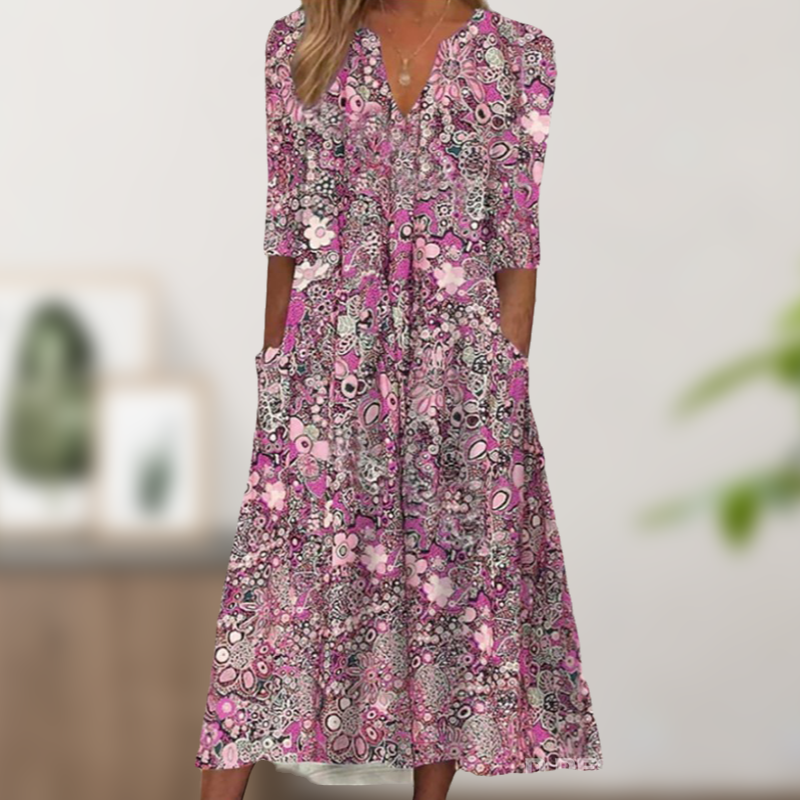 🔥 Letzter Tag! 50% Rabatt Damen Lässiges Blumenkleid mit V-Ausschnitt 🌸 Luftiges lockeres Sommerkleid mit praktischen Taschen