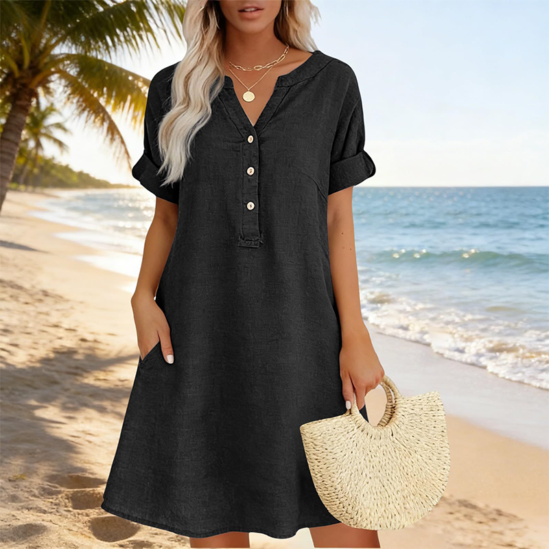 🔥50% Rabatt für begrenzte Zeit👗Lässiges Tunika-Kleid für Damen mit V-Ausschnitt und Taschen
