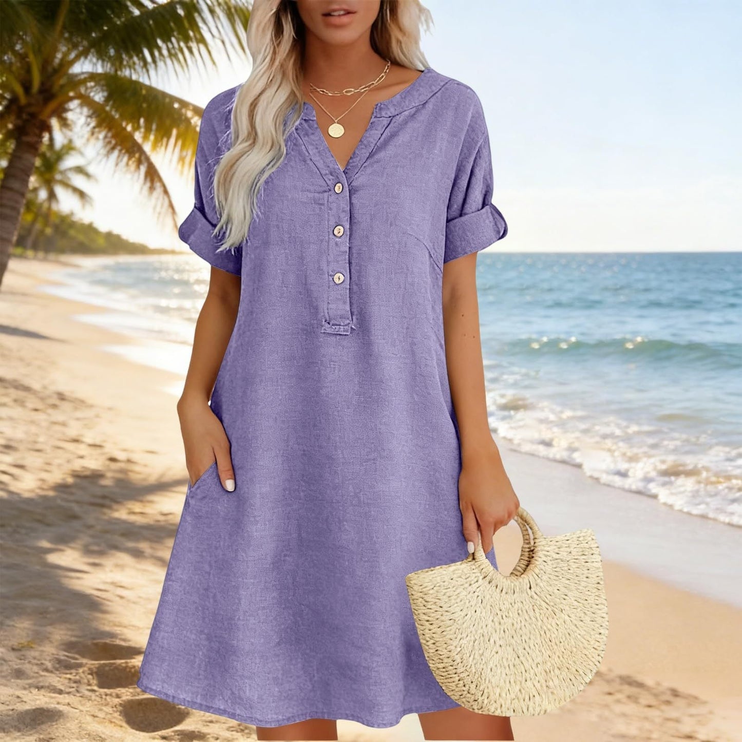 🔥 Letzter Tag! 50% Rabatt Damen Tunika-Kleid mit V-Ausschnitt & Taschen 🌊 Lässiges Kleid in Leinenoptik für Sommer, Strand & Alltag