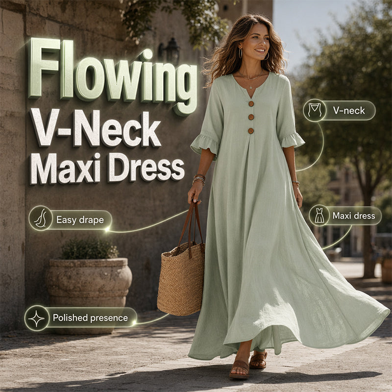 ✈️Versandkostenfrei🔥 Letzter Tag! 50% Rabatt Damen V-Ausschnitt Maxikleid 🌿 Locker fließend mit Rüschenärmeln für Sommer & Strand