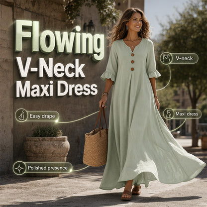 ✈️Versandkostenfrei🔥 Letzter Tag! 50% Rabatt Damen V-Ausschnitt Maxikleid 🌿 Locker fließend mit Rüschenärmeln für Sommer & Strand
