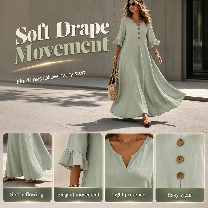 ✈️Versandkostenfrei🔥 Letzter Tag! 50% Rabatt Damen V-Ausschnitt Maxikleid 🌿 Locker fließend mit Rüschenärmeln für Sommer & Strand