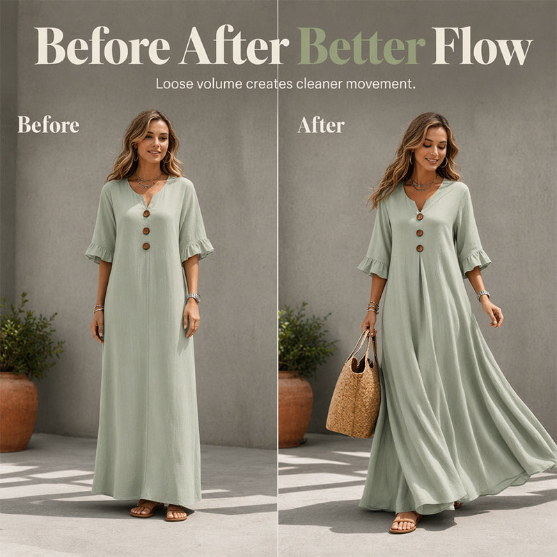 ✈️Versandkostenfrei🔥 Letzter Tag! 50% Rabatt Damen V-Ausschnitt Maxikleid 🌿 Locker fließend mit Rüschenärmeln für Sommer & Strand
