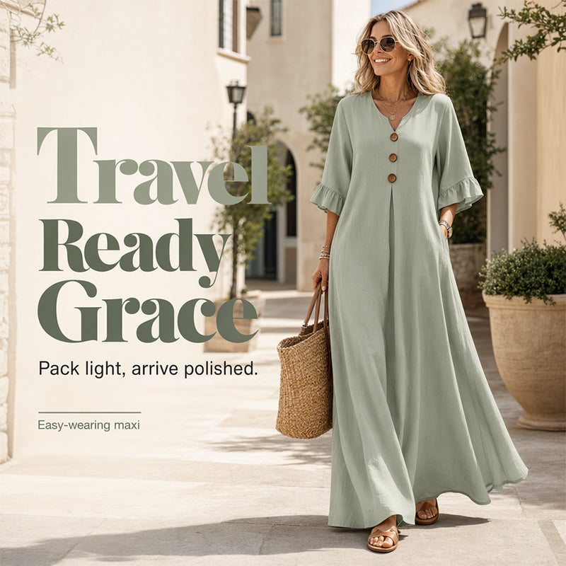 ✈️Versandkostenfrei🔥 Letzter Tag! 50% Rabatt Damen V-Ausschnitt Maxikleid 🌿 Locker fließend mit Rüschenärmeln für Sommer & Strand