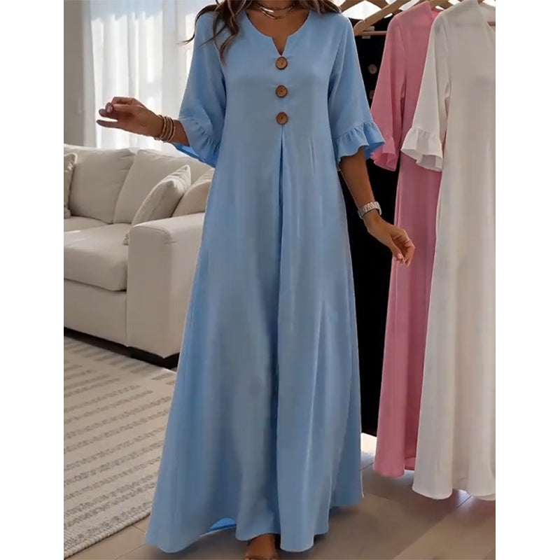 ✈️Versandkostenfrei🔥 Letzter Tag! 50% Rabatt Damen V-Ausschnitt Maxikleid 🌿 Locker fließend mit Rüschenärmeln für Sommer & Strand