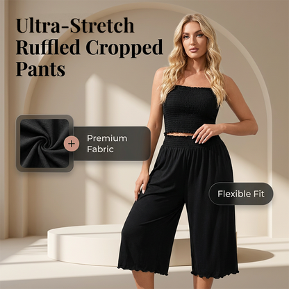 🔥 Letzter Tag! 50% Rabatt Damen Ultra-Stretch Cropped-Hose mit Rüschen 🖤 Weite bequeme 7/8-Hose für Freizeit & Zuhause