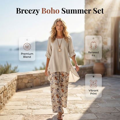 ✈️Versandkostenfrei🔥 Letzter Tag! 50% Rabatt NEU Damen 2-Teiler Baumwoll-Leinen Set ✨ Boho Blumenprint, locker & atmungsaktiv für Sommer & Urlaub