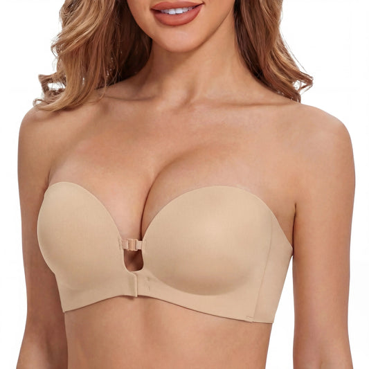 🏆 LIMITIERTER 50% RABATT! 💐 Trägerloser nahtloser Push-up-BH mit Frontverschluss – Unsichtbar, rutschfest & ganztägig komfortabel 💕