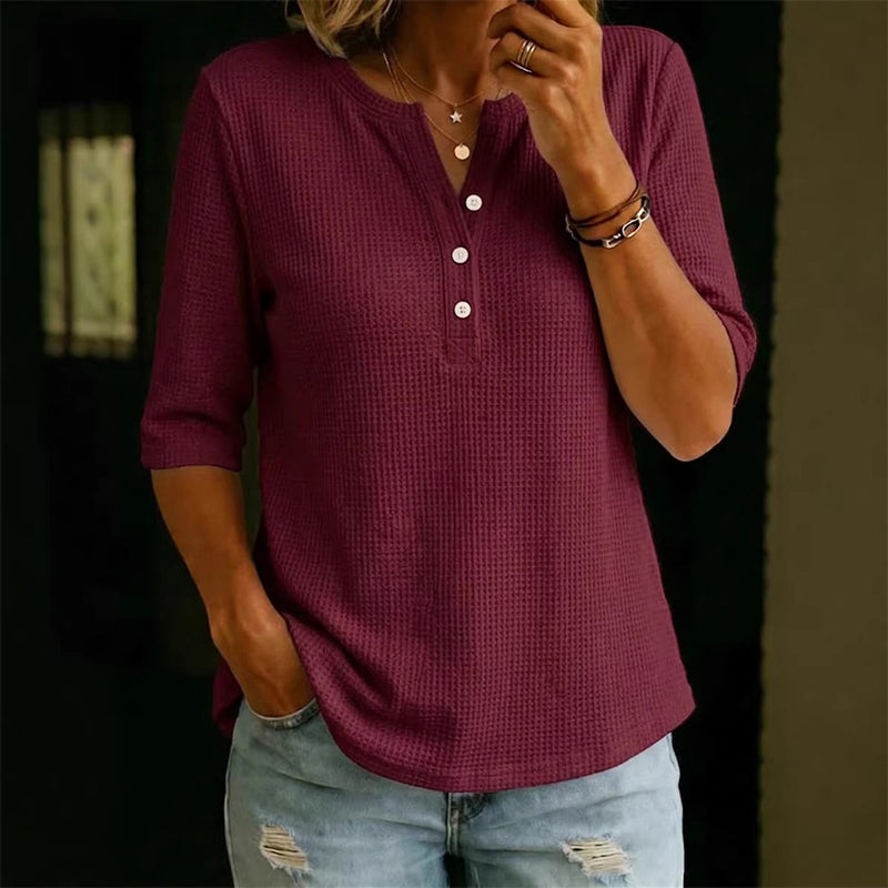 🔥 Letzter Tag! 50% Rabatt Damen Waffelstrick Henley Top 💮 Atmungsaktives 3/4-Ärmel Shirt für Freizeit & Alltag