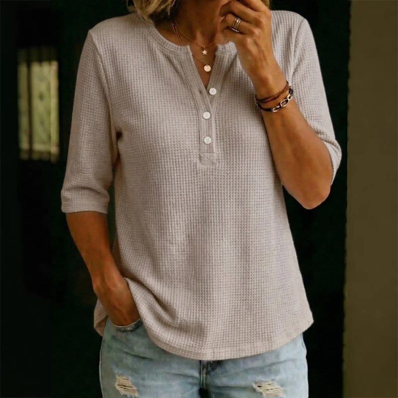 🔥 Letzter Tag! 50% Rabatt Damen Waffelstrick Henley Top 💮 Atmungsaktives 3/4-Ärmel Shirt für Freizeit & Alltag