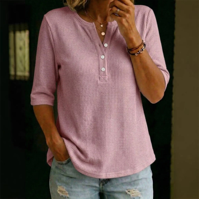 🔥 Letzter Tag! 50% Rabatt Damen Waffelstrick Henley Top 💮 Atmungsaktives 3/4-Ärmel Shirt für Freizeit & Alltag