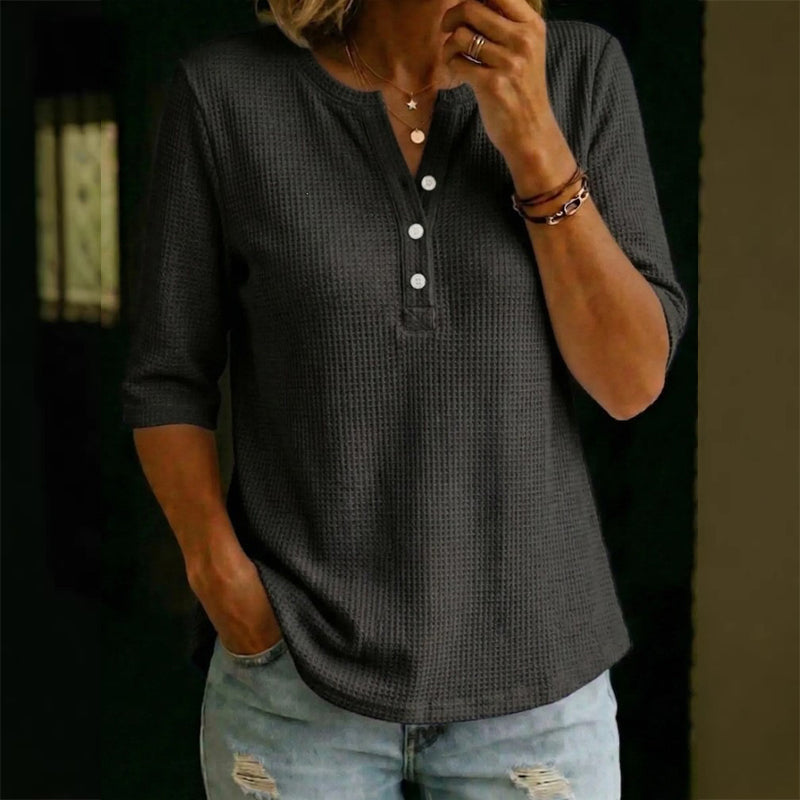 🔥 Letzter Tag! 50% Rabatt Damen Waffelstrick Henley Top 💮 Atmungsaktives 3/4-Ärmel Shirt für Freizeit & Alltag