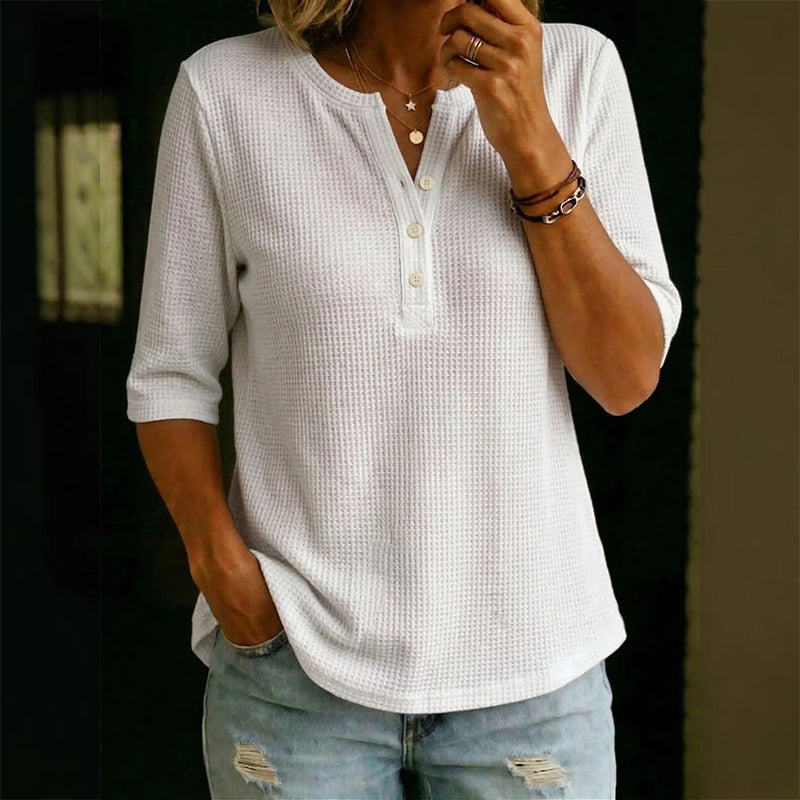 🔥 Letzter Tag! 50% Rabatt Damen Waffelstrick Henley Top 💮 Atmungsaktives 3/4-Ärmel Shirt für Freizeit & Alltag