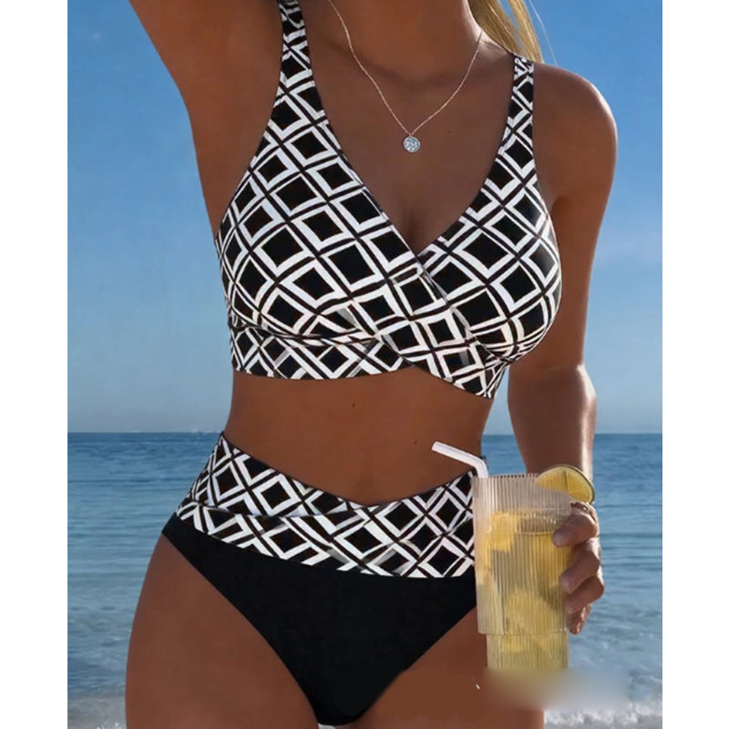 🔥 Letzter Tag! 50% Rabatt Damen High Waist Bikini-Set ⚫ Geometrisches Muster, Wickel-Oberteil mit Bauchweg-Effekt für Strand & Pool