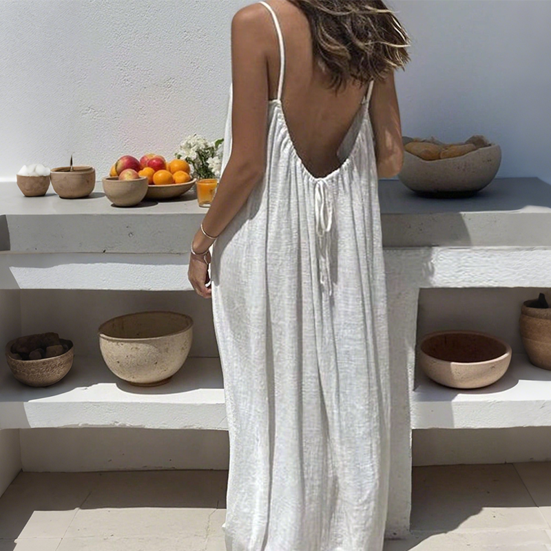 🔥 Letzter Tag! 50% Rabatt Damen Lässiges Rückenfreies Maxikleid mit Spaghettiträgern 🖤 Luftig & bequem für Sommer, Urlaub & Alltag