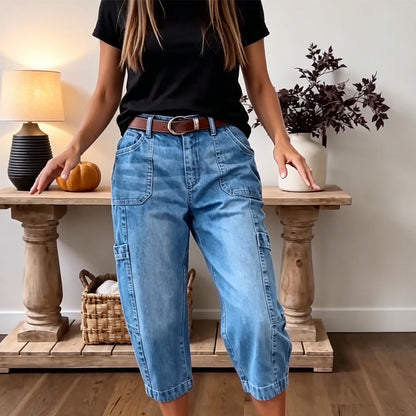 🔥 Letzter Tag! 50% Rabatt Damen 3/4 Cargo Jeans ✨ Lässige elastische verkürzte Jeans für Alltag & Freizeit
