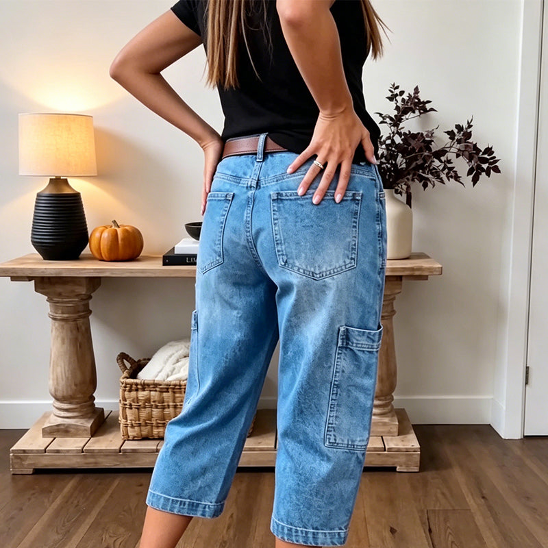 🔥 Letzter Tag! 50% Rabatt Damen 3/4 Cargo Jeans ✨ Lässige elastische verkürzte Jeans für Alltag & Freizeit