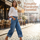 Damen Weite Bein Cropped Jeans Knopf Hohe Taille Denim Hose
