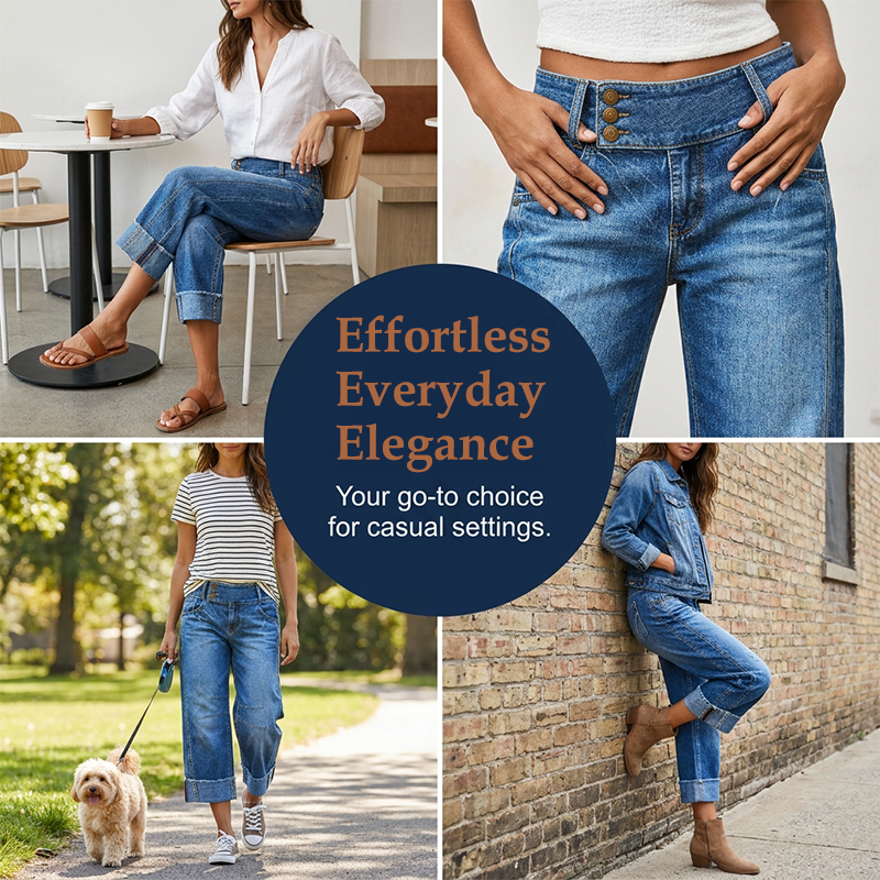 Damen Weite Bein Cropped Jeans Knopf Hohe Taille Denim Hose