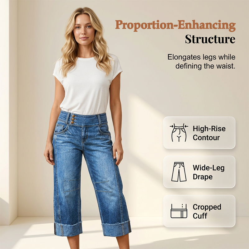 Damen Weite Bein Cropped Jeans Knopf Hohe Taille Denim Hose