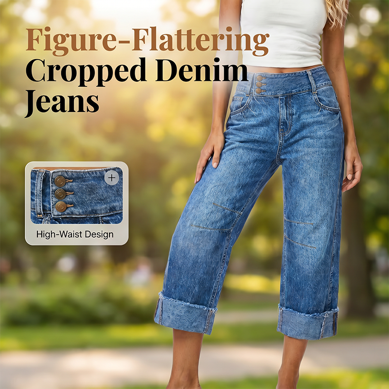 Damen Weite Bein Cropped Jeans Knopf Hohe Taille Denim Hose