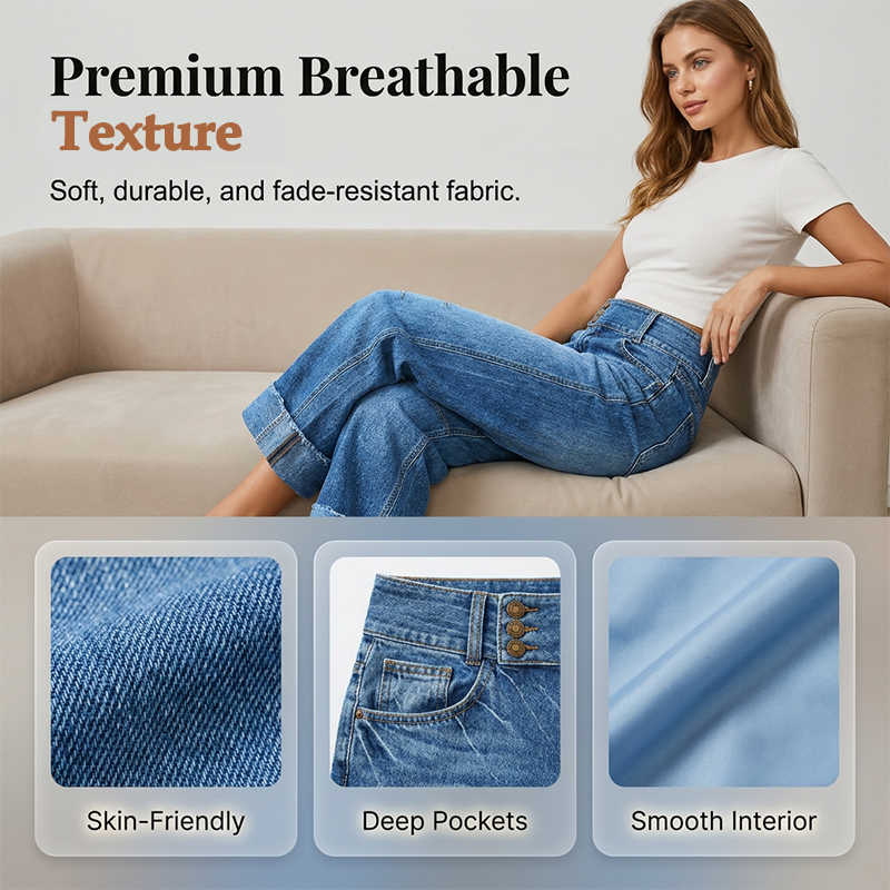Damen Weite Bein Cropped Jeans Knopf Hohe Taille Denim Hose