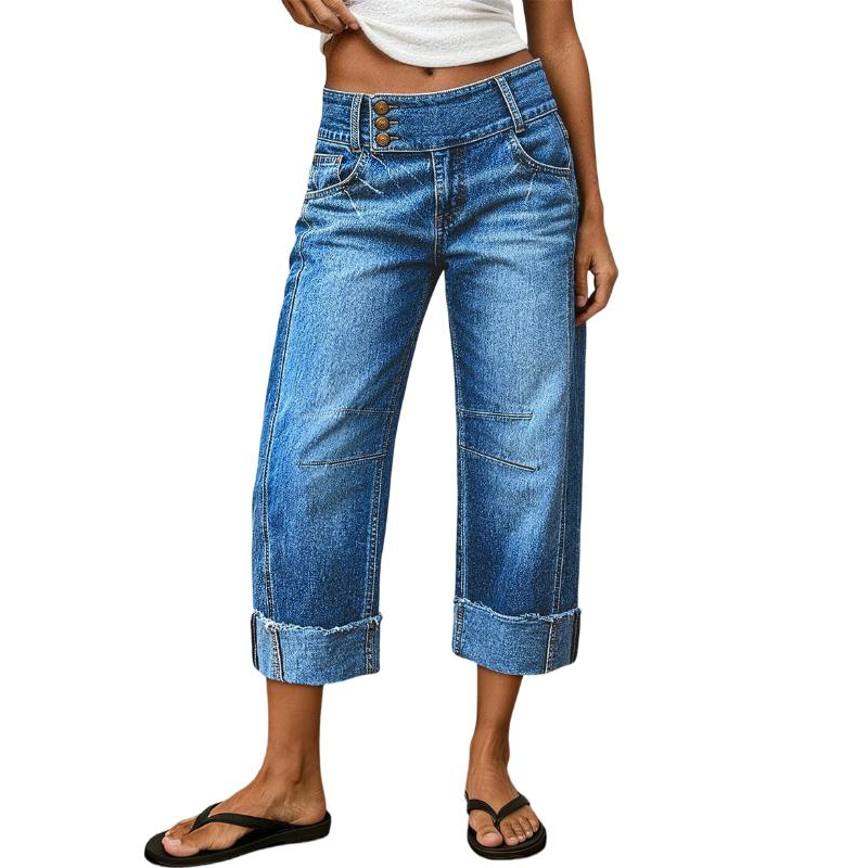 Damen Weite Bein Cropped Jeans Knopf Hohe Taille Denim Hose