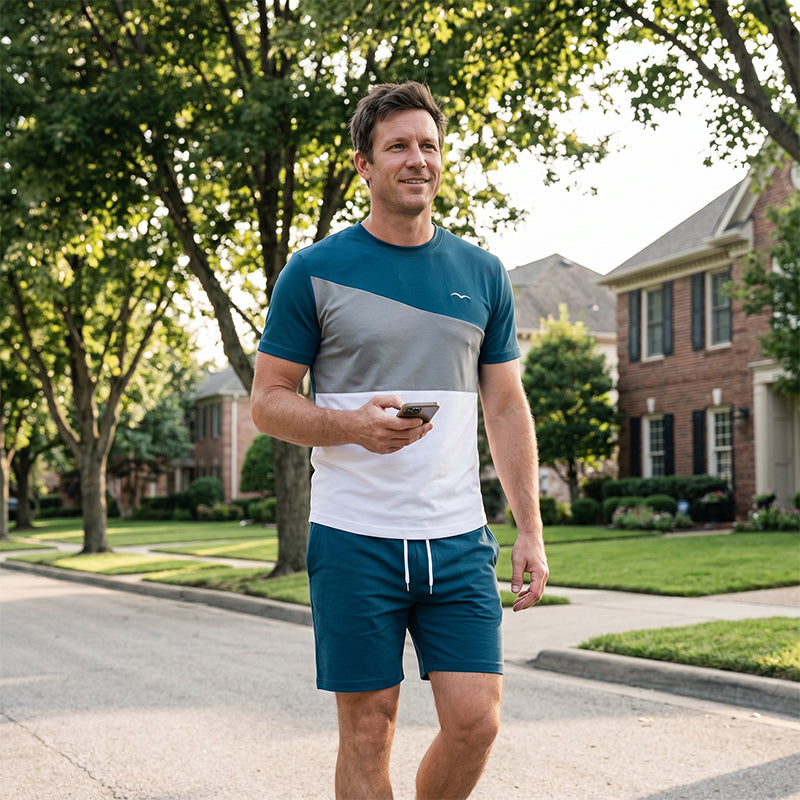 👕 50% Rabatt: Herren 2-Teiler Freizeit-Set | Colorblock T-Shirt & Shorts für Alltag & Sport 🌿