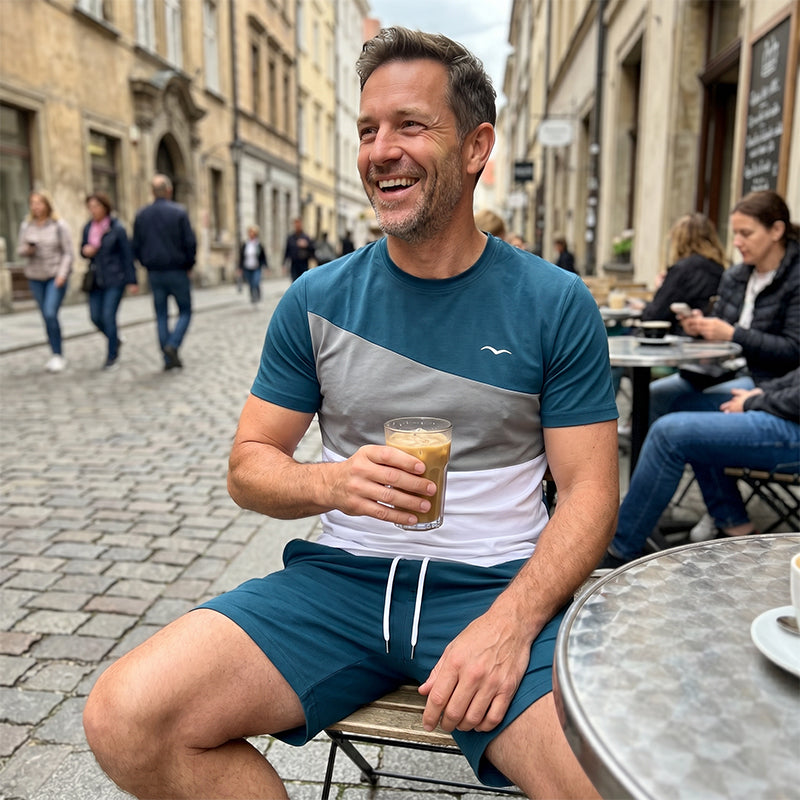 👕 50% Rabatt: Herren 2-Teiler Freizeit-Set | Colorblock T-Shirt & Shorts für Alltag & Sport 🌿