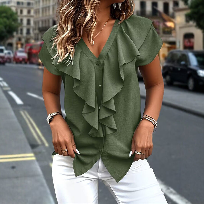 🔥 Letzter Tag! 50% Rabatt Damen V-Ausschnitt Rüschen Bluse 🍷 Elegant für Büro & Abend