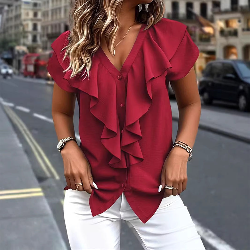 🔥 Letzter Tag! 50% Rabatt Damen V-Ausschnitt Rüschen Bluse 🍷 Elegant für Büro & Abend