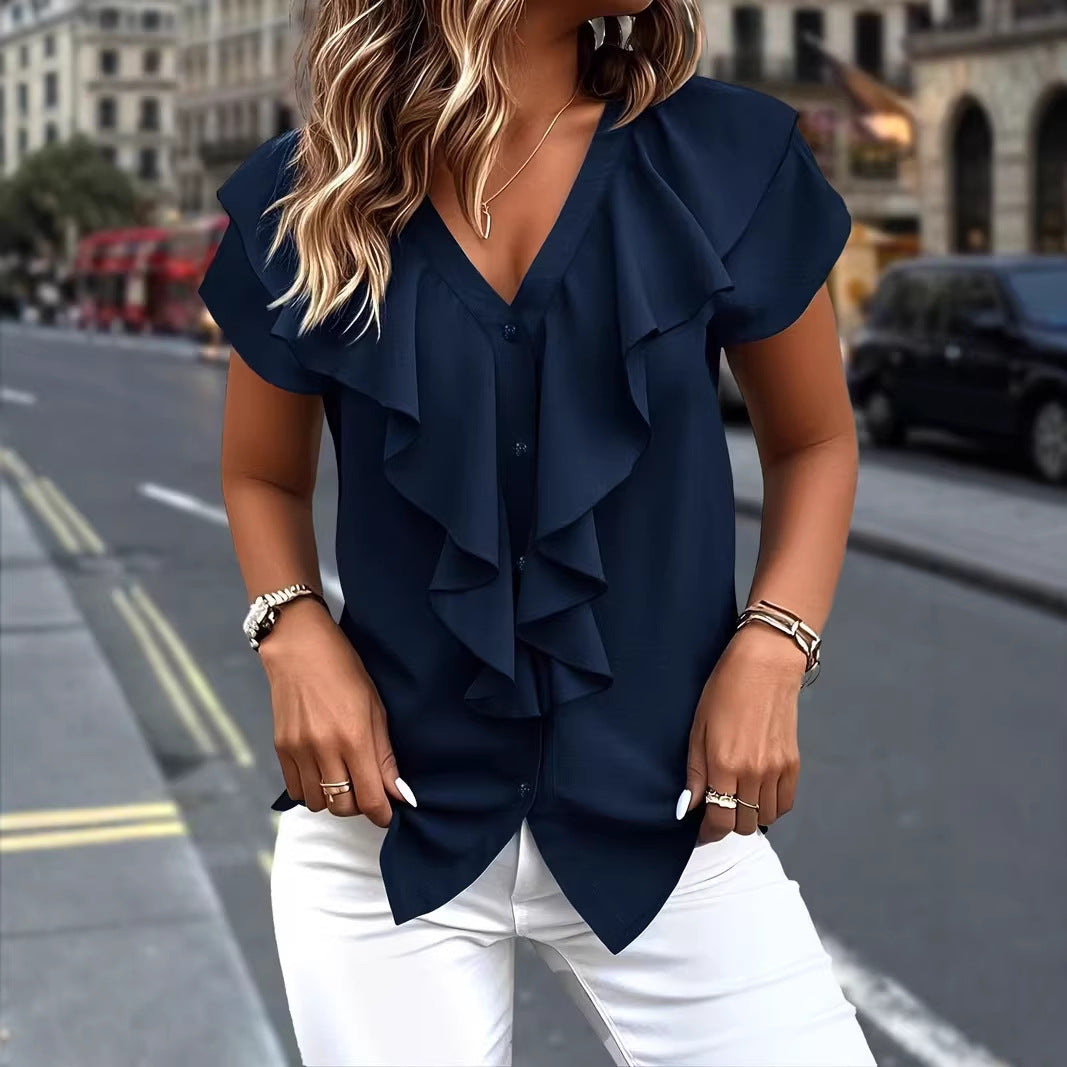 🔥 Letzter Tag! 50% Rabatt Damen V-Ausschnitt Rüschen Bluse 🍷 Elegant für Büro & Abend
