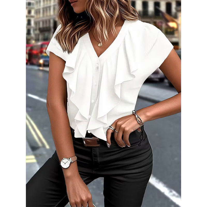 🔥 Letzter Tag! 50% Rabatt Damen V-Ausschnitt Rüschen Bluse 🍷 Elegant für Büro & Abend