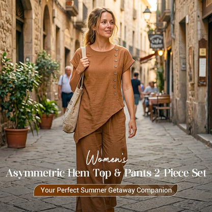 🌺 50 % RABATT FÜR BEGRENZTE ZEIT! 👗 Damen Zweiteiler Set – Asymmetrisches Top mit Knopfdetail + Weitbein Hose, leichter Stoff für Sommer & Urlaub 🤎