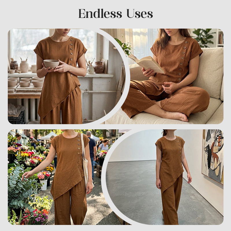 🌺 50 % RABATT FÜR BEGRENZTE ZEIT! 👗 Damen Zweiteiler Set – Asymmetrisches Top mit Knopfdetail + Weitbein Hose, leichter Stoff für Sommer & Urlaub 🤎