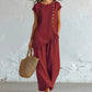 🌺 50 % RABATT FÜR BEGRENZTE ZEIT! 👗 Damen Zweiteiler Set – Asymmetrisches Top mit Knopfdetail + Weitbein Hose, leichter Stoff für Sommer & Urlaub 🤎