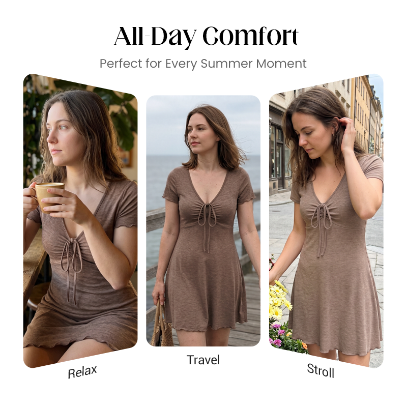🔥 50 % RABATT FÜR BEGRENZTE ZEIT! 👗 Damen V-Ausschnitt Minikleid mit Brustkordel – Figurbetonter Bodycon-Schnitt, weicher Stoff für Dates, Partys & Sommerabende