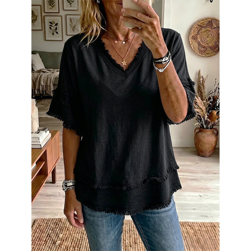 💕 50 % Rabatt – Damen V-Ausschnitt Kurzarm-Top | Locker, atmungsaktiv & vielseitig kombinierbar | Boho-Stil für Sommer & Alltag ☀️