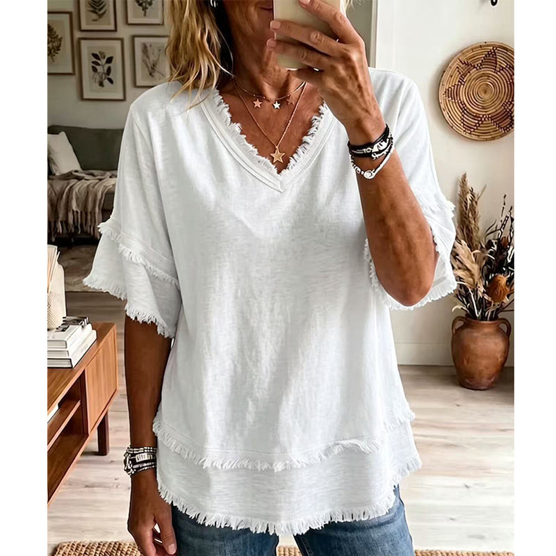 💕 50 % Rabatt – Damen V-Ausschnitt Kurzarm-Top | Locker, atmungsaktiv & vielseitig kombinierbar | Boho-Stil für Sommer & Alltag ☀️