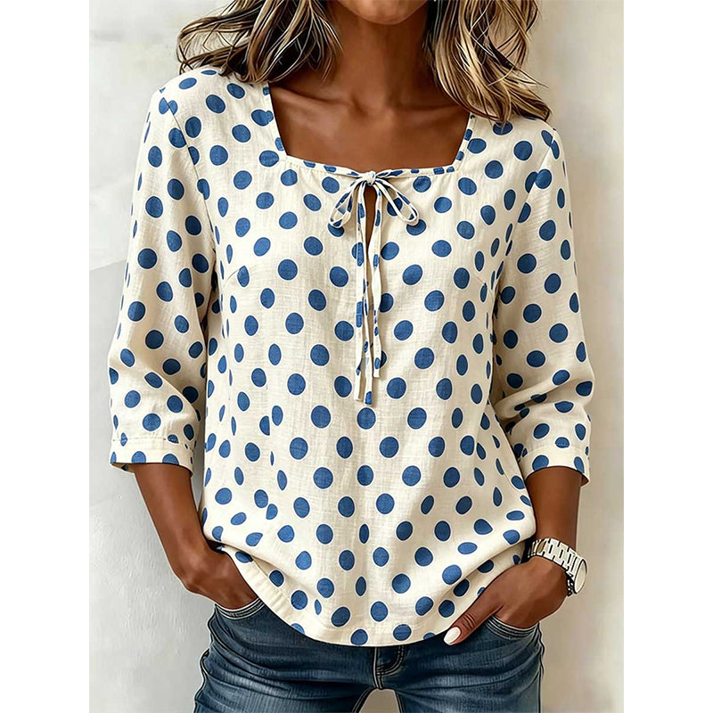 🌸 50 % Rabatt – Damen Vintage Polka-Dot-Bluse | Eckiger Ausschnitt mit Schleife | Retro-Stil für Büro, Brunch & Freizeit ✨