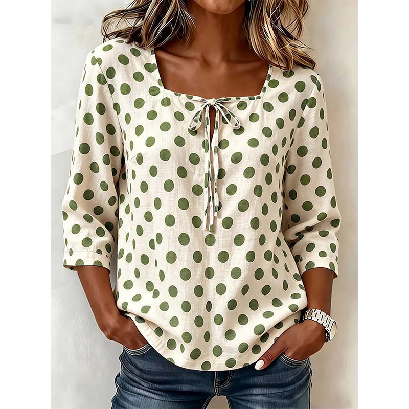 🌸 50 % Rabatt – Damen Vintage Polka-Dot-Bluse | Eckiger Ausschnitt mit Schleife | Retro-Stil für Büro, Brunch & Freizeit ✨