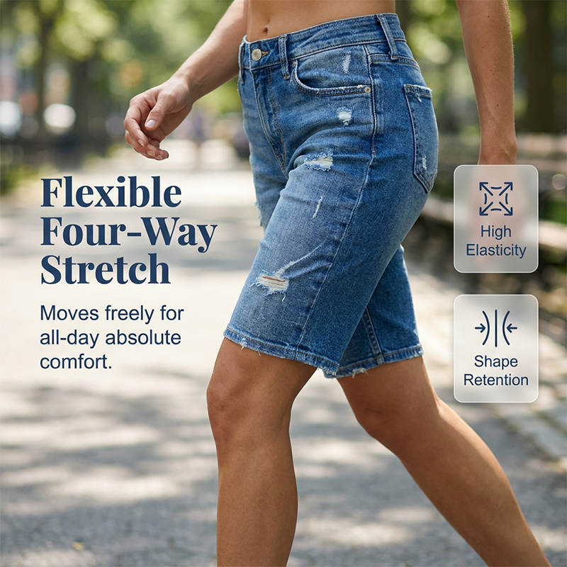⏰ NUR KURZE ZEIT 50 % RABATT! 👖 Damen Stretch Bermuda Jeans-Shorts – Vintage Used-Look, Destroy-Details, elastischer Stoff für maximalen Komfort 💙