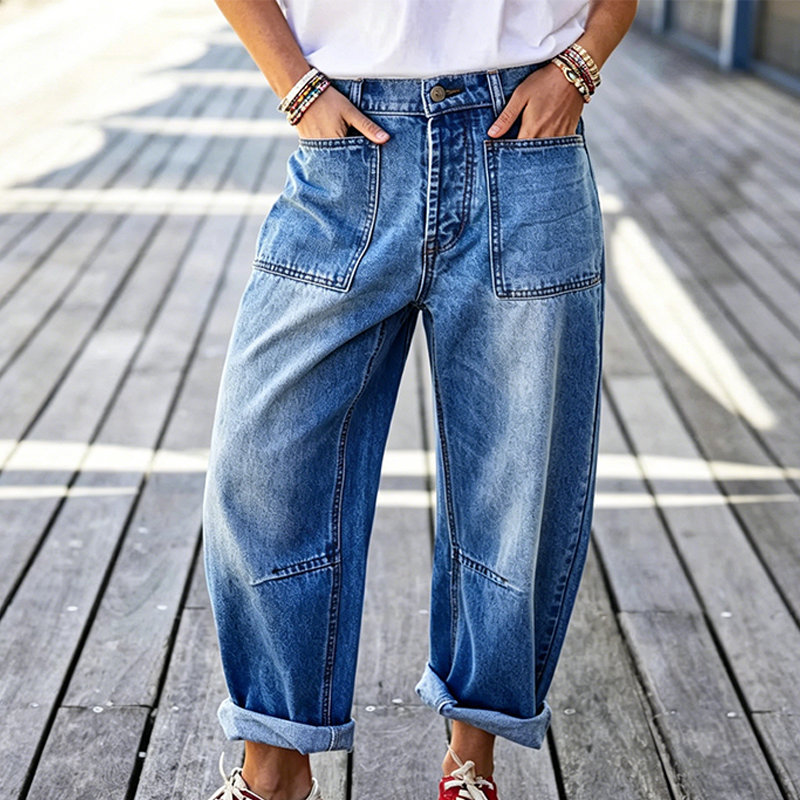 ☀️ 50 % RABATT FÜR BEGRENZTE ZEIT! 👖 Damen Barrel Leg Jeans mit aufgesetzten Taschen – Hoch sitzender Schnitt, weicher Waschdenim und retro Look für Alltag & Freizeit 🩶