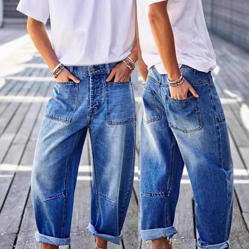 ☀️ 50 % RABATT FÜR BEGRENZTE ZEIT! 👖 Damen Barrel Leg Jeans mit aufgesetzten Taschen – Hoch sitzender Schnitt, weicher Waschdenim und retro Look für Alltag & Freizeit 🩶