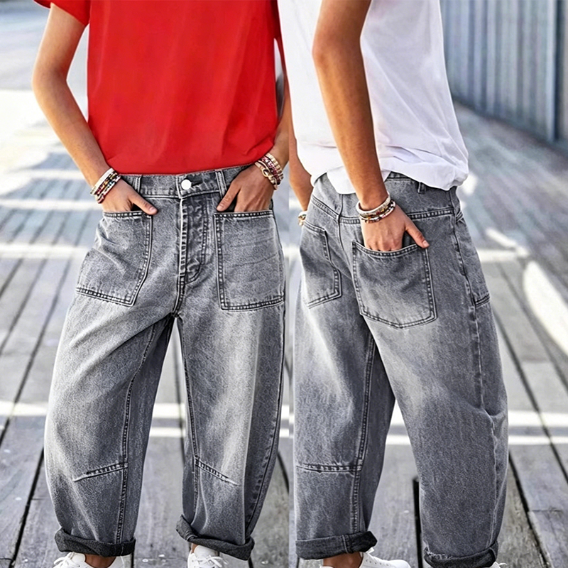 ☀️ 50 % RABATT FÜR BEGRENZTE ZEIT! 👖 Damen Barrel Leg Jeans mit aufgesetzten Taschen – Hoch sitzender Schnitt, weicher Waschdenim und retro Look für Alltag & Freizeit 🩶